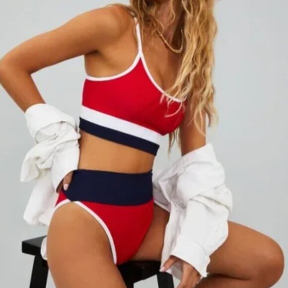 Beach Riot Emmy High-Waist Bikini Bottom Red Americana Colorblock - Picture 3 of 13